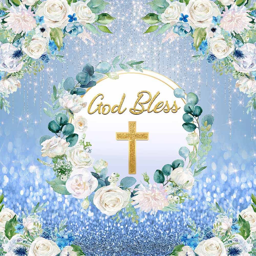 Mocsicka White Flowers Gold Cross God Bless Baby Shower Backdrop
