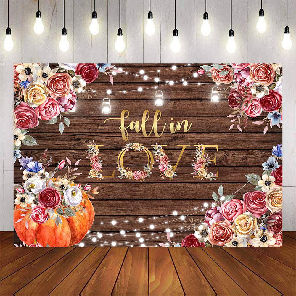 Mocsicka Wooden Board and Pumpkin Flowers Fall in Love Backdrop-Mocsicka Party