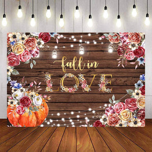 Mocsicka Wooden Board and Pumpkin Flowers Fall in Love Backdrop-Mocsicka Party