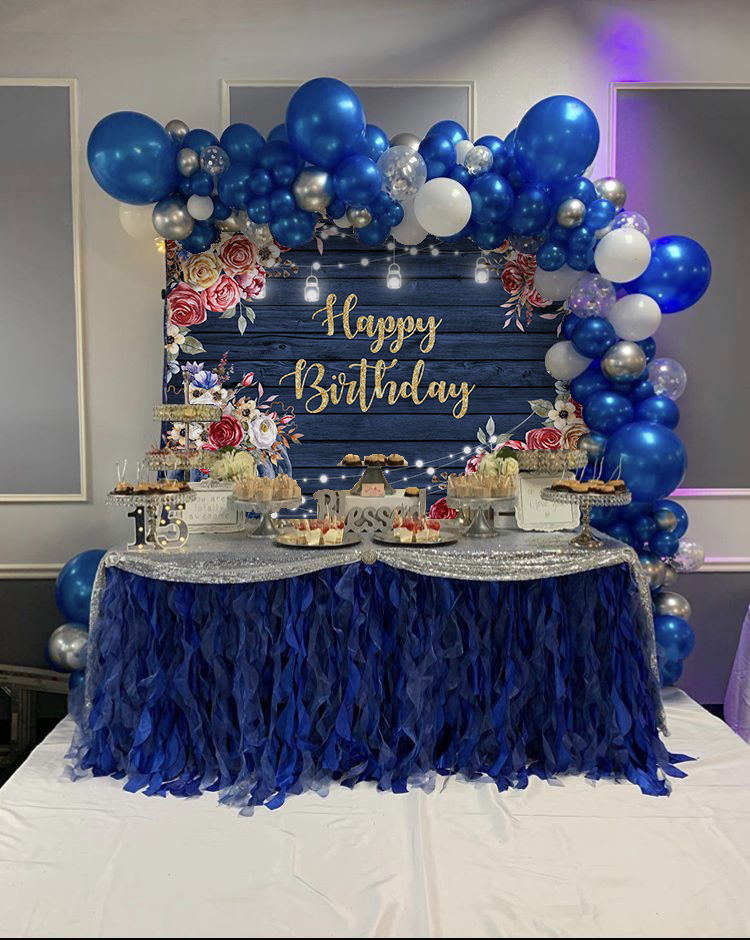Mocsicka Blue Board and Pumpkin Flowers Happy Birthday Backdrop-Mocsicka Party