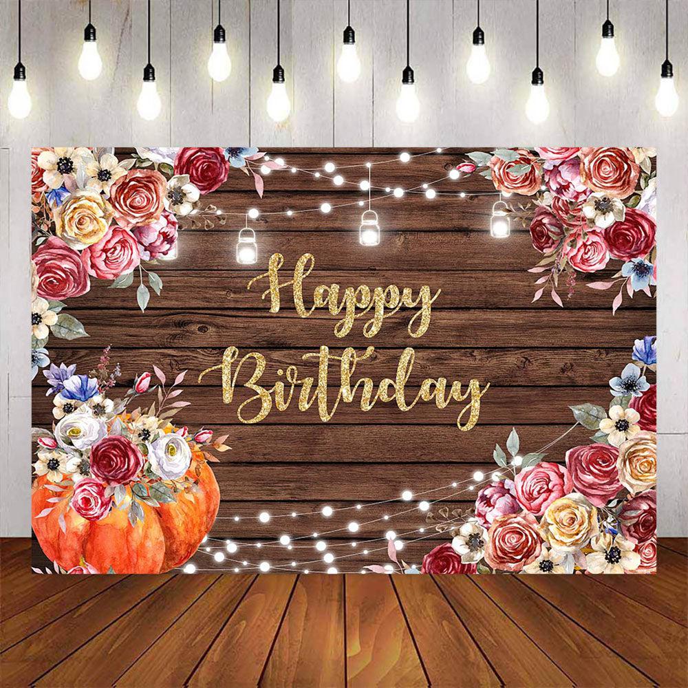 Mocsicka Wooden Board and Pumpkin Flowers Happy Birthday Backdrop-Mocsicka Party