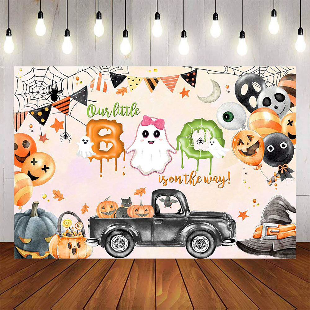 Mocsicka Little Ghoul Pumpkin Truck Halloween Theme Baby Shower Banner-Mocsicka Party