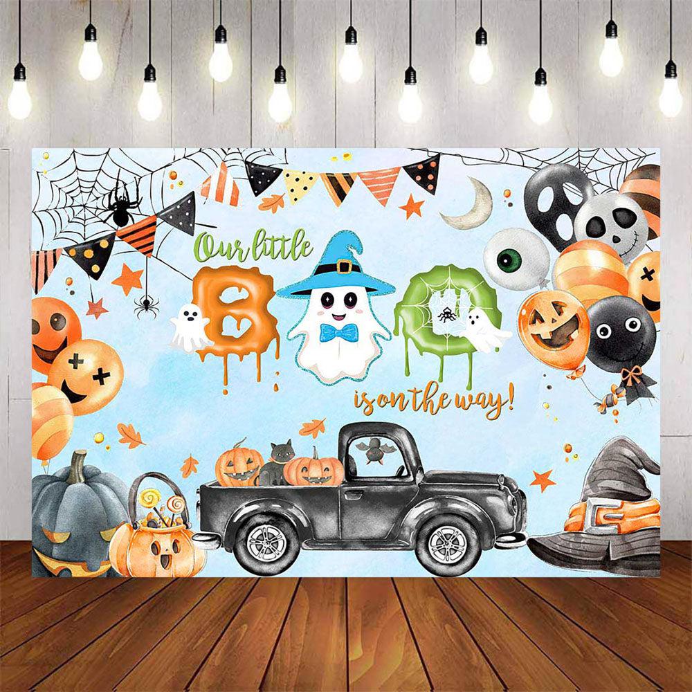 Mocsicka Little Blue Ghoul Pumpkin Truck Halloween Theme Baby Shower Backdrop-Mocsicka Party