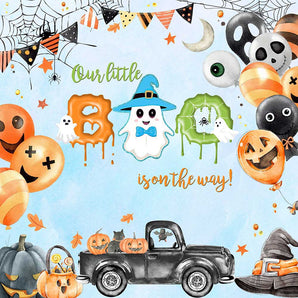 Mocsicka Little Blue Ghoul Pumpkin Truck Halloween Theme Baby Shower Backdrop