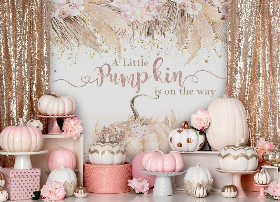 Mocsicka A Little pink Pumpkin is on the Way Baby Shower Back Drops Flower Background-Mocsicka Party