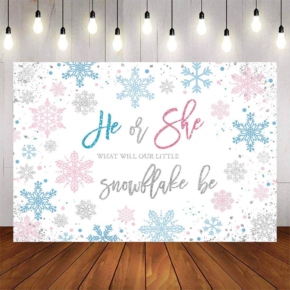 Mocsicka Snowflakes He or She Gender Reveal Backdrops-Mocsicka Party