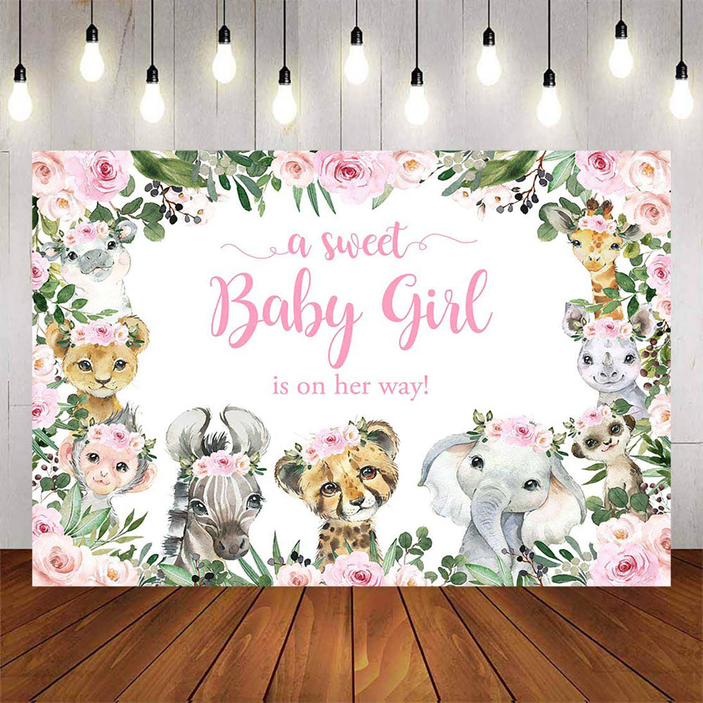 Mocsicka Jungle Animals and Pink Flowers a sweet baby girl is on her way Backdrop-Mocsicka Party