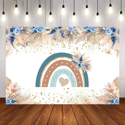 Mocsicka Boho Rainbow and Blue Flowers One birthday Backdrop-Mocsicka Party