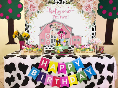 Mocsicka Farm Holy Cow and Pink Flowers Birthday Backdrop-Mocsicka Party