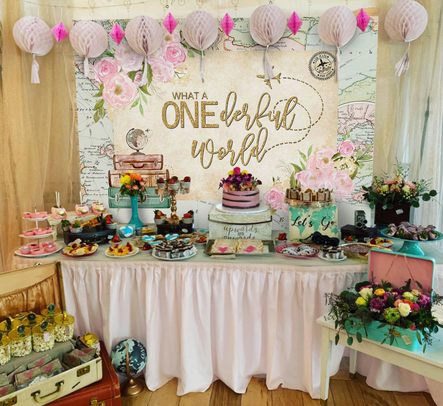 Mocsicka Onederland World Map Pink Flowers one birthday Backdrops-Mocsicka Party