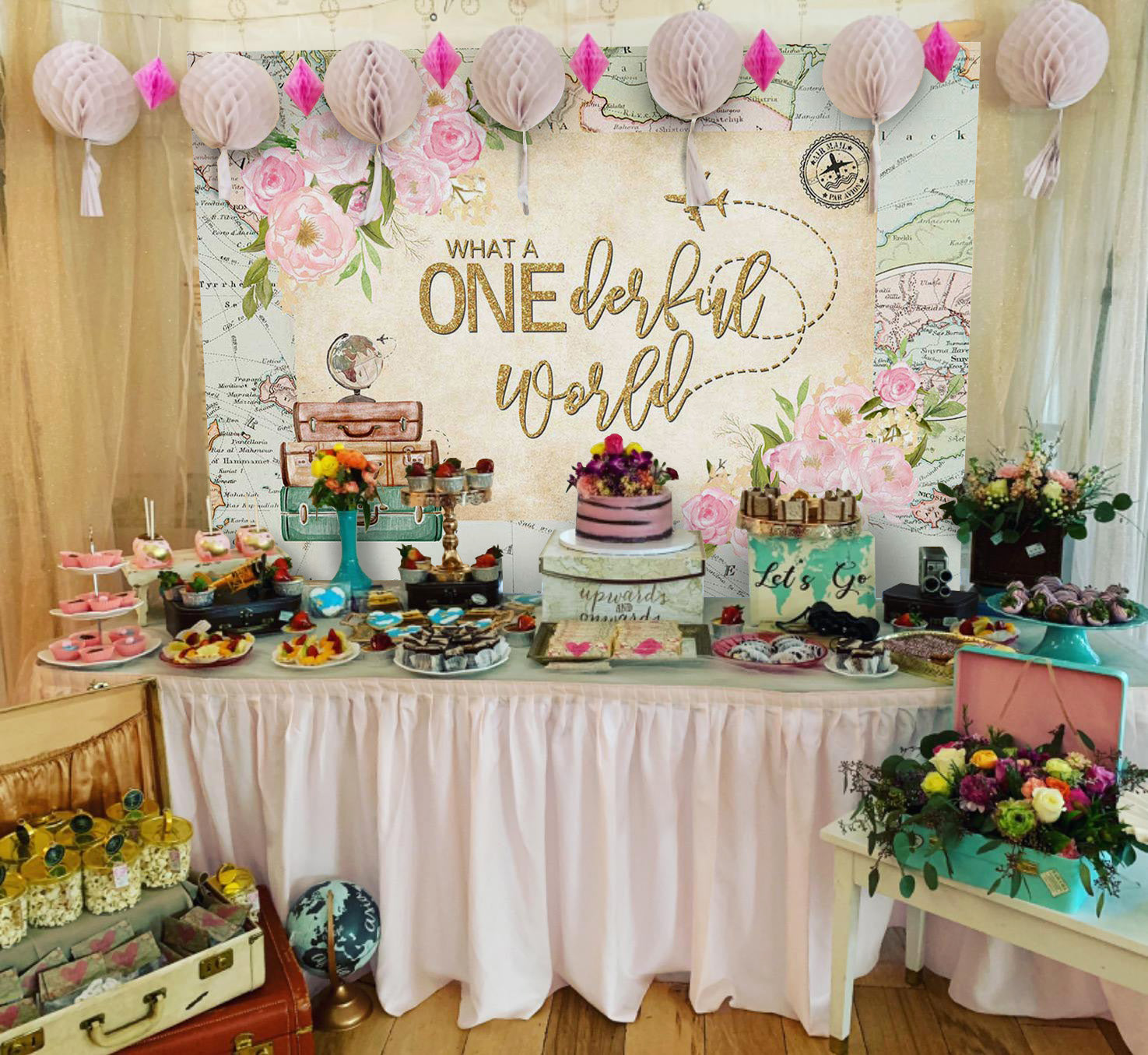 Mocsicka Onederland World Map Pink Flowers one birthday Backdrops-Mocsicka Party