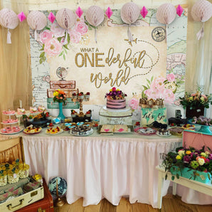 Mocsicka Onederland World Map Pink Flowers one birthday Backdrops-Mocsicka Party