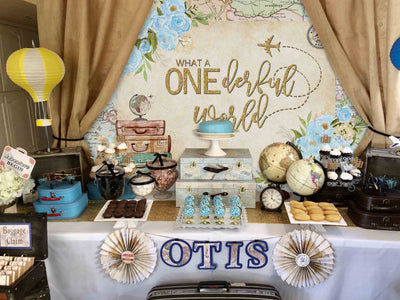 Mocsicka Onederland World Map Blue Flowers One birthday Backdrops-Mocsicka Party