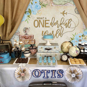 Mocsicka Onederland World Map Blue Flowers One birthday Backdrops-Mocsicka Party