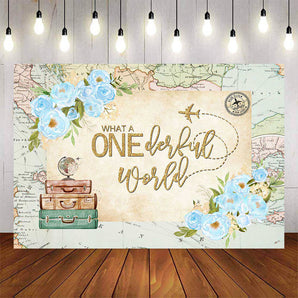 Mocsicka Onederland World Map Blue Flowers One Birthday Backdrops