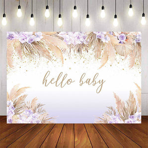 Mocsicka Purple Flowers Hello Baby Shower Backdrop-Mocsicka Party