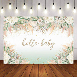 Mocsicka Green Flowers Hello Baby Shower Backdrop-Mocsicka Party