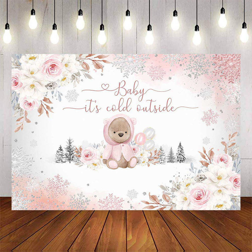 Mocsicka Pink Bear and Flower Baby It's Cold Outside Baby Shower Party Background-Mocsicka Party
