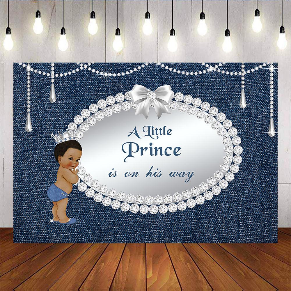 Mocsicka A Little Royal Prince is on His Way Baby Shower Backdrop Denim and Diamond Background-Mocsicka Party
