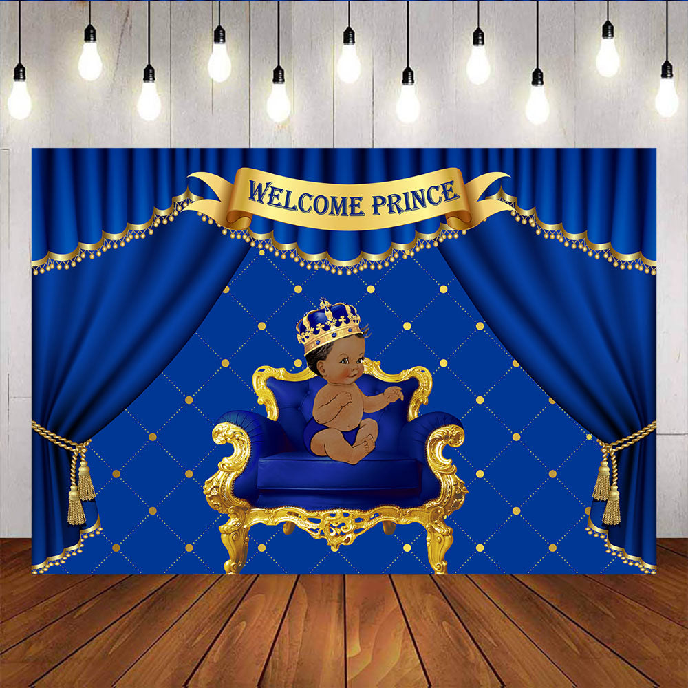 Mocsicka Welcome Prince Baby Shower Backdrop Royal Boy Blue Curtain Photo Background-Mocsicka Party