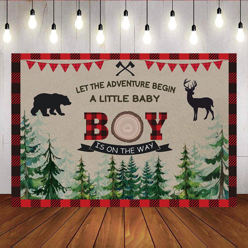 Mocsicka A Little Baby Boy is on the Way Birthday Backdrop Lumberjack Red Plaid Background-Mocsicka Party
