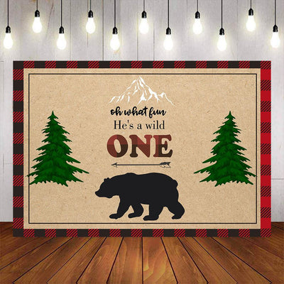 Mocsicka Wild One Little Bear Forest and Red Plaid First Birthday Party Backdrops-Mocsicka Party