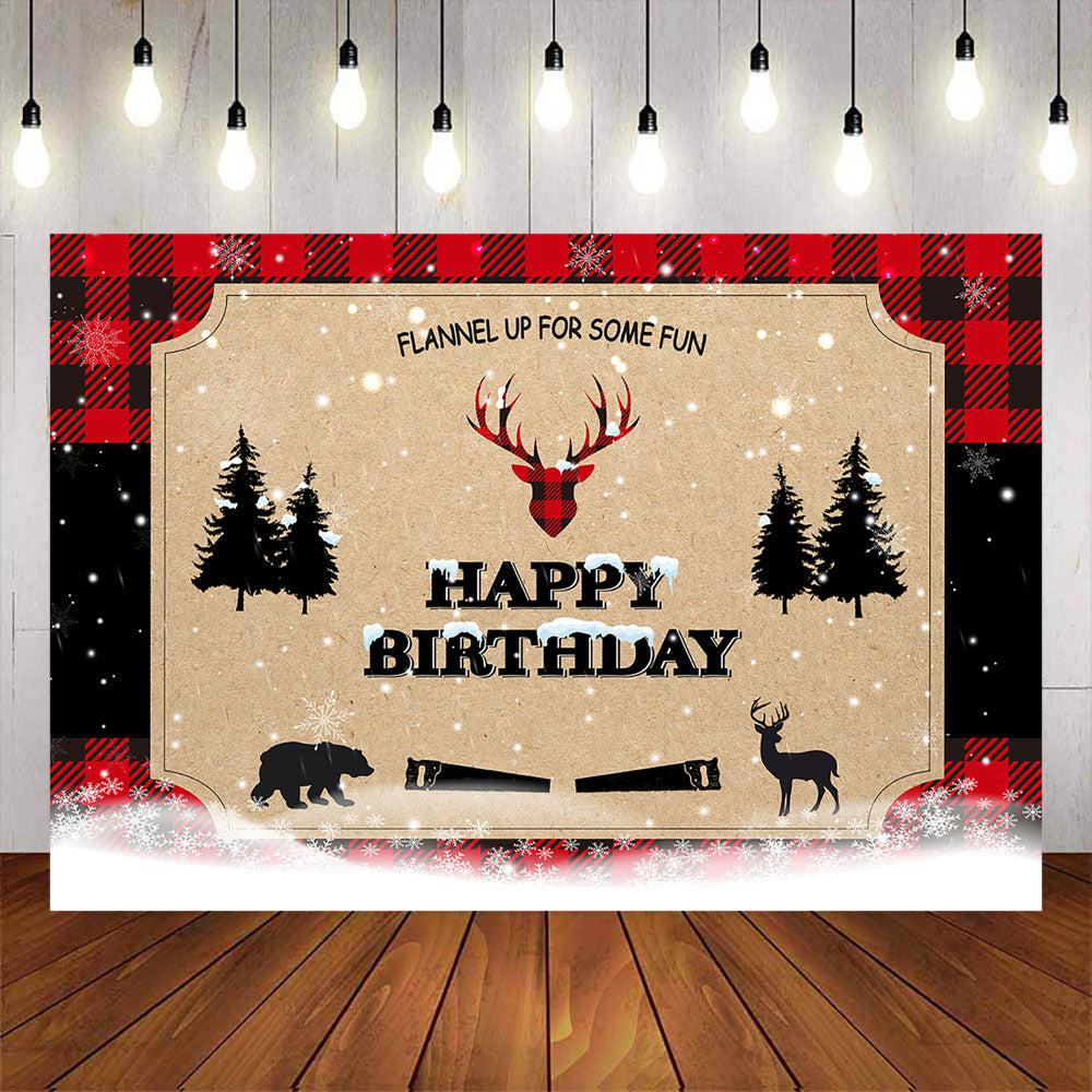 Mocsicka Winter Snow Scene Little Bear Red Plaid Happy Birthday Party Backdrops-Mocsicka Party