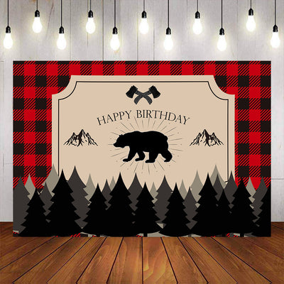 Mocsicka Little Lumberjack Forest and Red Plaid Happy Birthday Party Backdrop-Mocsicka Party