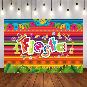 Mocsicka Fiesta Theme Happy Birthday Party Decor Colorful Stripes Plam Leaves Backdrop-Mocsicka Party