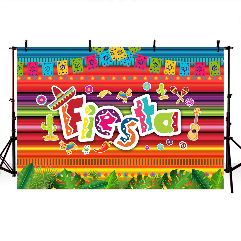 Mocsicka Fiesta Theme Happy Birthday Party Decor Colorful Stripes Plam Leaves Backdrop