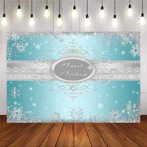 Mocsicka Sweet 16th Birthday Party Backdrop Sliver Snowflake Green Background
