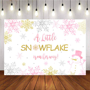 Mocsicka Pink Golden Sliver Snowflakes and Snowman Baby Shower Background-Mocsicka Party