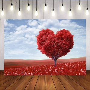 Mocsicka Happy Valentine's Day Background Red Heart Tree Blue Sky Clouds Photo Backdrop-Mocsicka Party