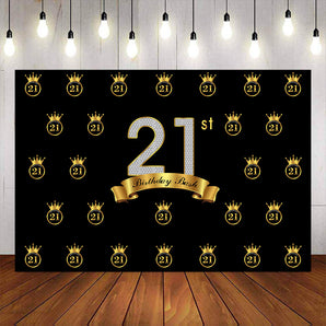 Mocsicka Happy 21st Birthday Backdrops Gold Crown Step and Repeat Background-Mocsicka Party