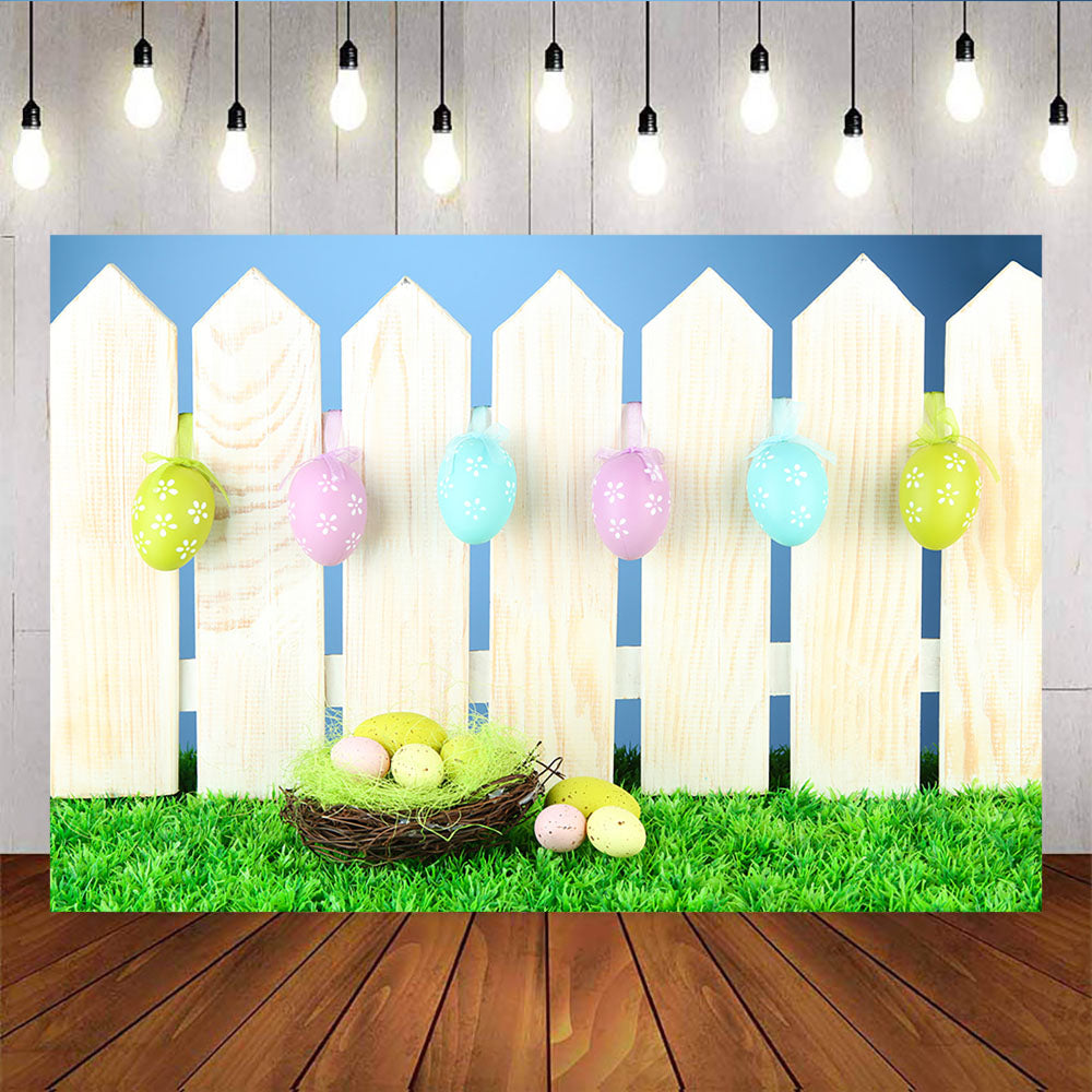 Mocsicka Happy Easter Photo Backdrop Colorful Eggs Grassland and Fence Background-Mocsicka Party