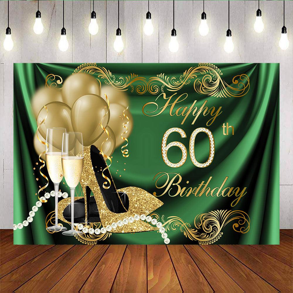 Mocsicka Happy 60th Birthday Party Backdrop Gold High Heels Champagne Balloons Background-Mocsicka Party