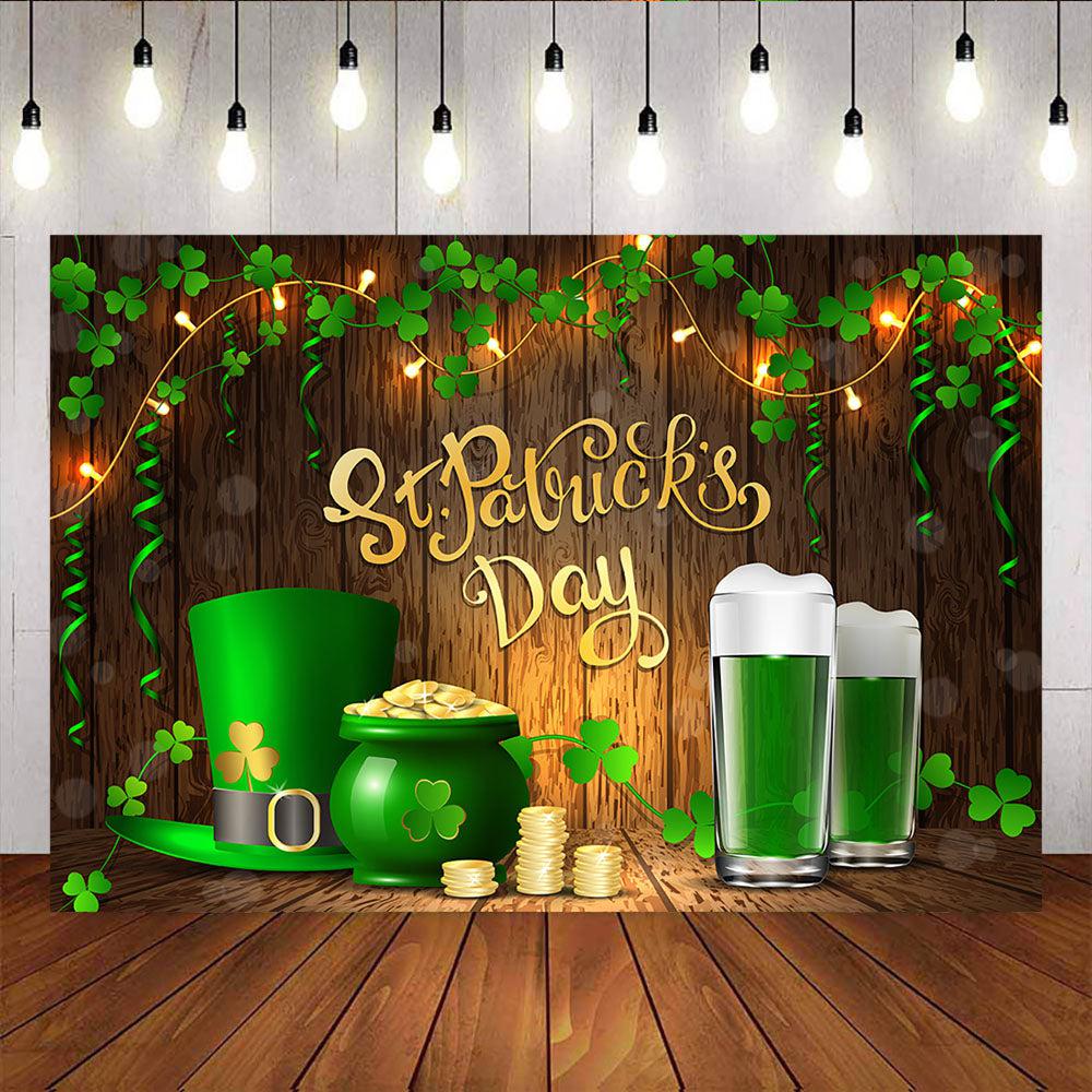 Mocsicka Happy St.Patrick's Day Clovers and Golds Grean Ribbon Wooden Floor Backdrops-Mocsicka Party
