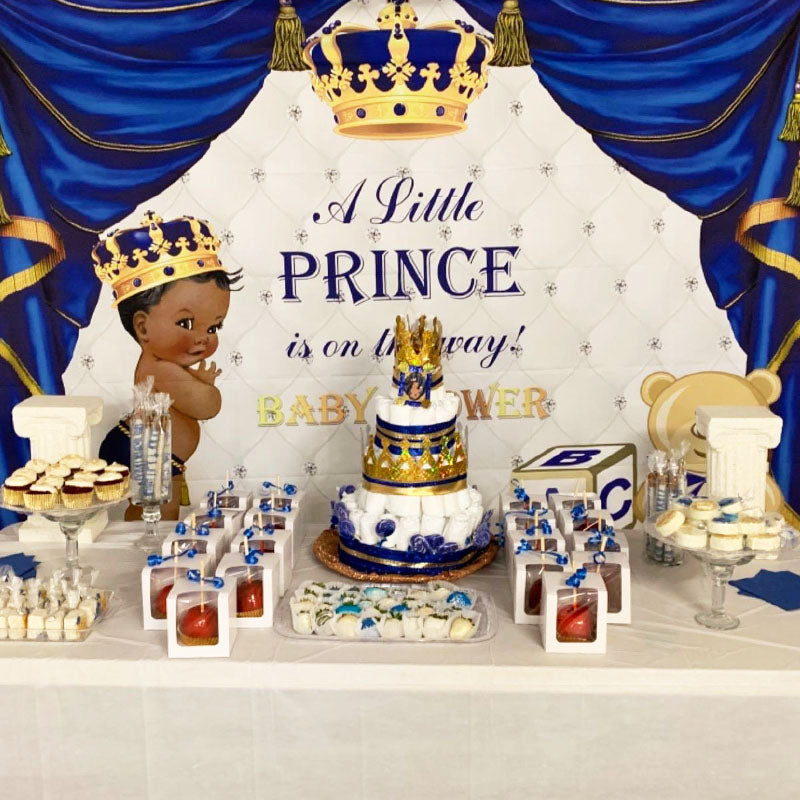 Mocsicka Blue Prince Baby Shower Backdrop Crown and Diamonds Backdrops-Mocsicka Party