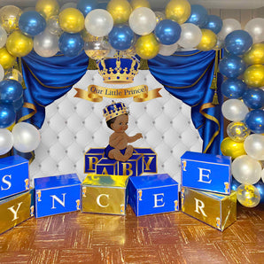 Mocsicka Our Little Royal Prince Baby Shower Backdrop Gloden Crown Blue Curtain Photo Background-Mocsicka Party