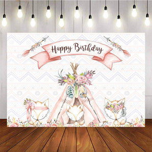 Mocsicka Happy Birthday Party Back Drop Pink Fox Woodland Photo Decor-Mocsicka Party