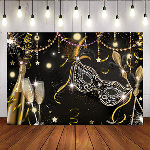 Mocsicka Masquerade Party Decor Gold Feather Champagne Photo Backdrop-Mocsicka Party