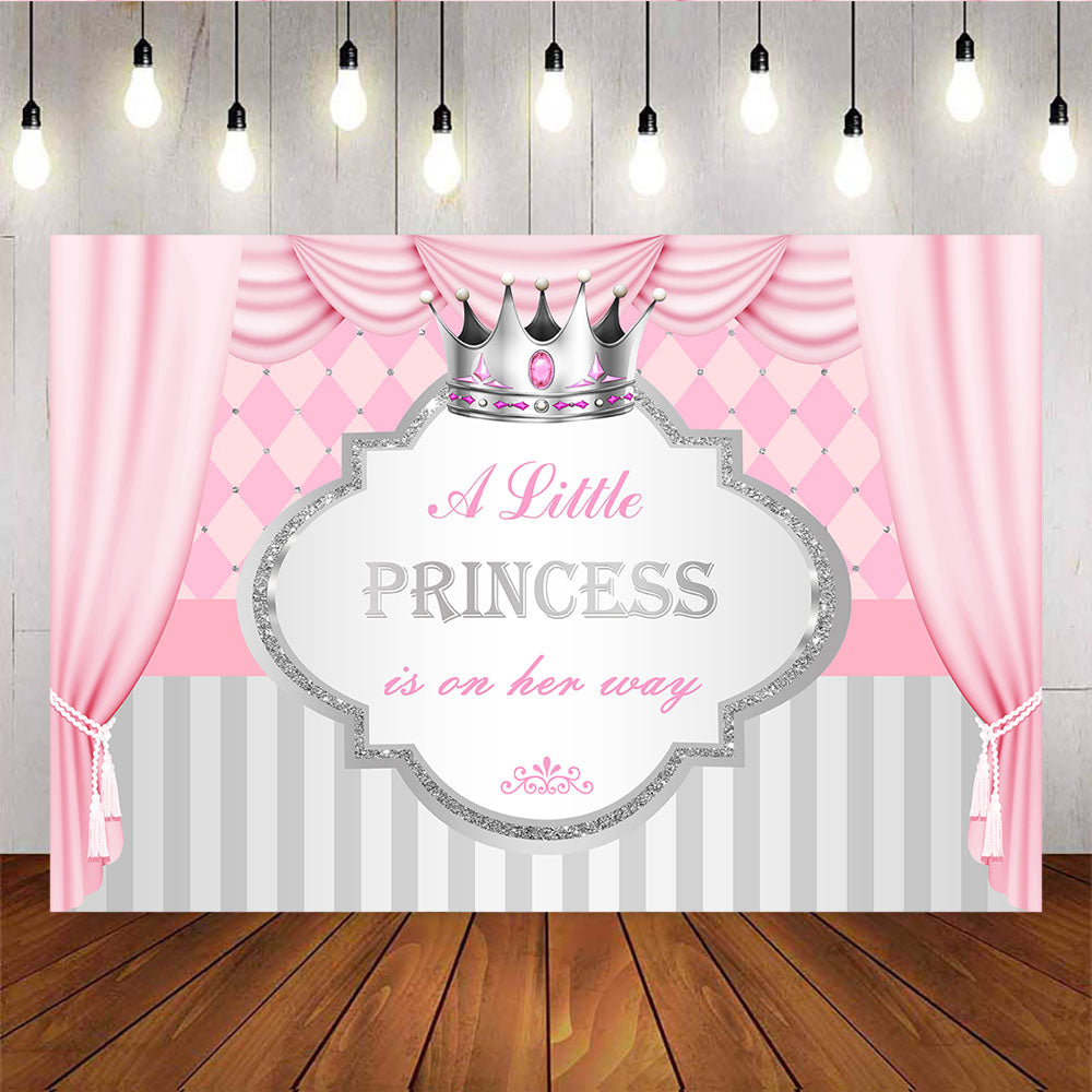 Mocsicka A Little Royal Princess is on Her Way Sliver Crown Pink Curtain Photo Back Drops-Mocsicka Party
