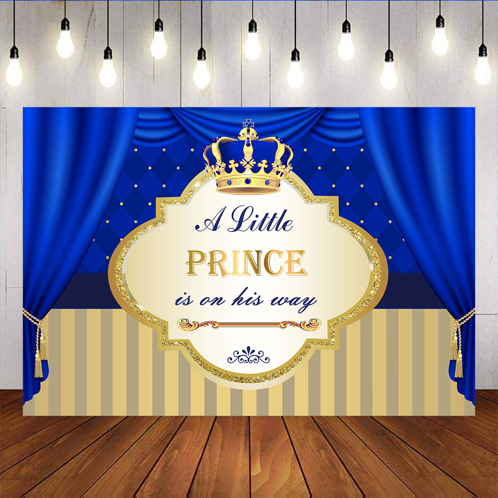 Mocsicka A Little Royal Prince is on His Way Sliver Crown Blue Curtain Photo Back Drops-Mocsicka Party