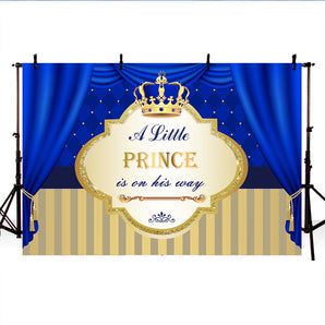 Mocsicka A Little Royal Prince is on His Way Sliver Crown Blue Curtain Photo Back Drops