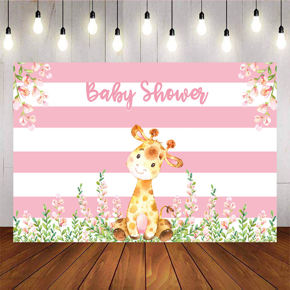 Mocsicka Little Giraffe Baby Shower Backdrop Pink Stripes Flowers Photo Banners-Mocsicka Party