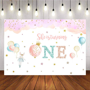 Mocsicka She is Turning One Backdrop Little Bunny Twinkle Stars Balloons Birthday Party Supplies-Mocsicka Party
