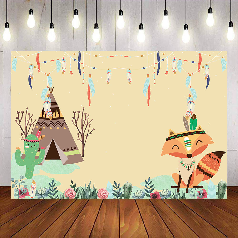 Mocsicka Woodland Feather Fox Birthday Backdrop Cactus Tent Photo Banners-Mocsicka Party