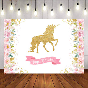 Mocsicka Gold Unicorn Happy Birthday Party Decor Props Pink Flowers Background-Mocsicka Party