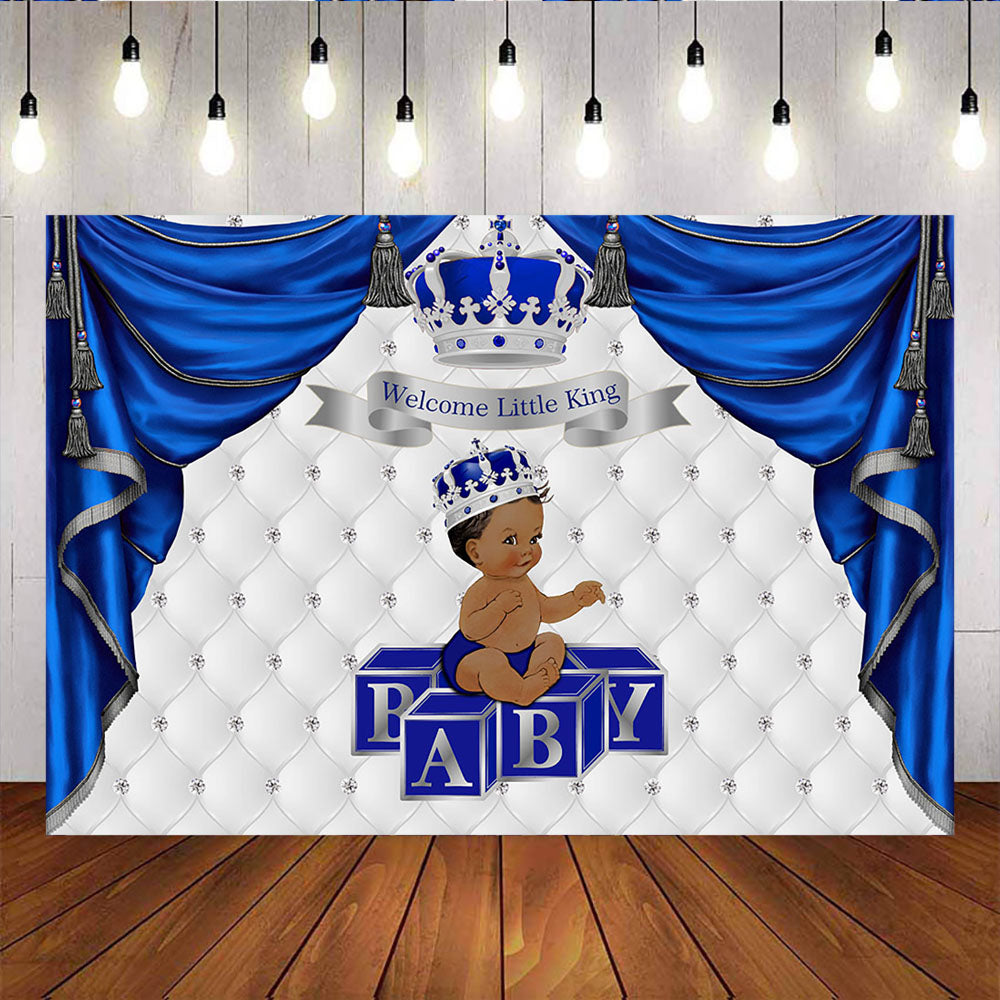 Mocsicka Welcome Little King Sliver Crown Blue Curtain Baby Shower Photo Background-Mocsicka Party