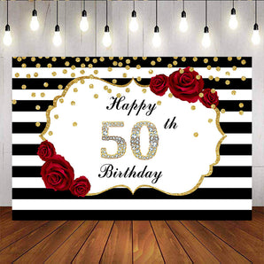 Mocsicka Happy 50th Birthday Backdrop Custom Black White Stripes Backdrops